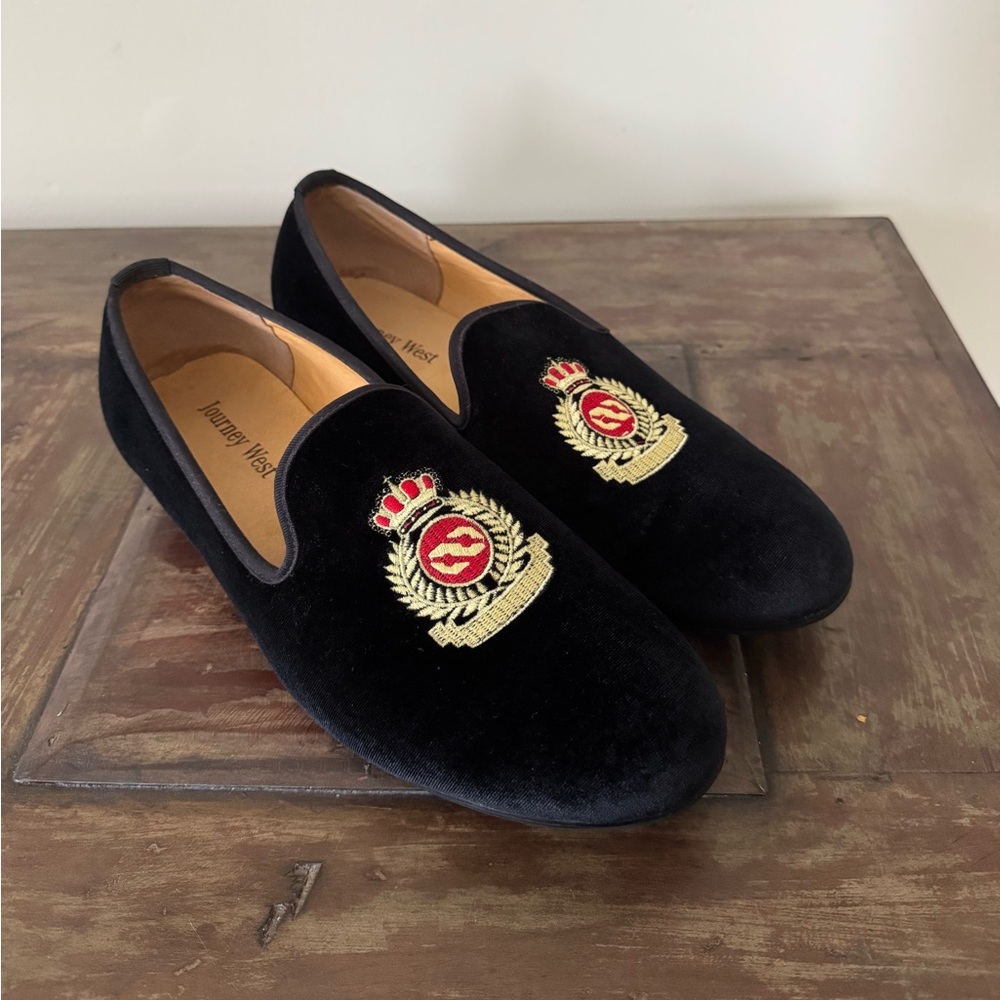 Journey West black velvet embroidered slip on loafers dress shoes men’s 14